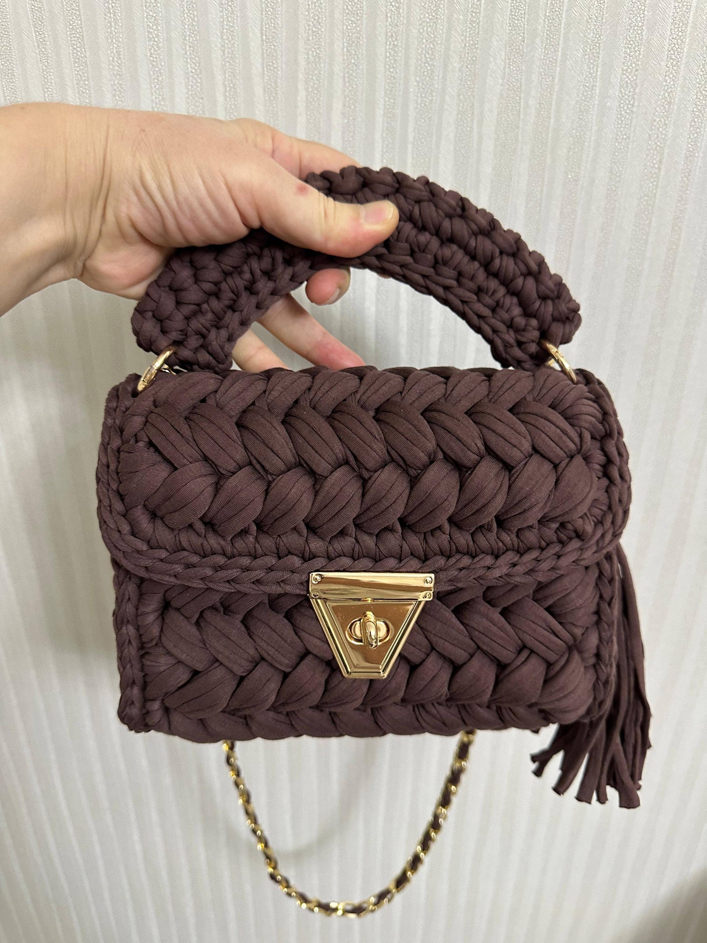 CHQEL Brown Clutch Bag for Women Handmade Crochet Purse