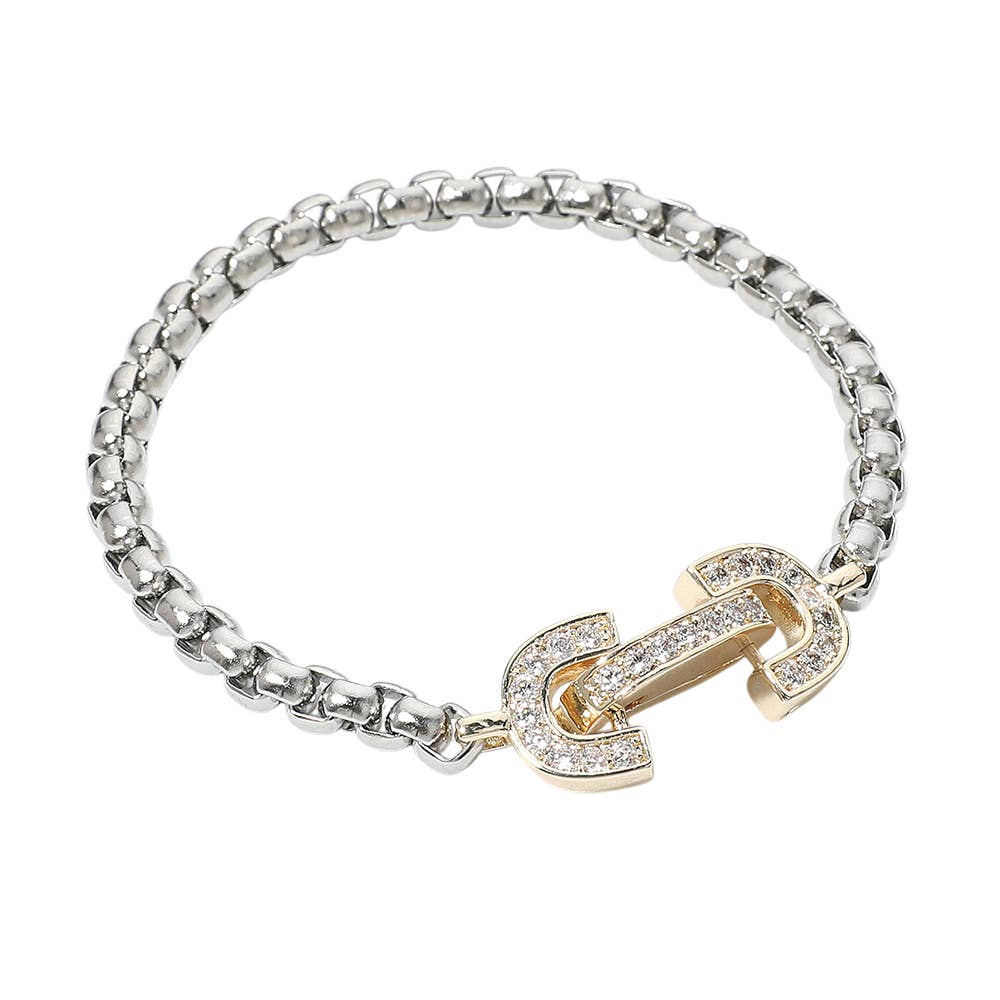 CZ Stone Paved Two Tone Horsebit Pointed Chain Bracelet