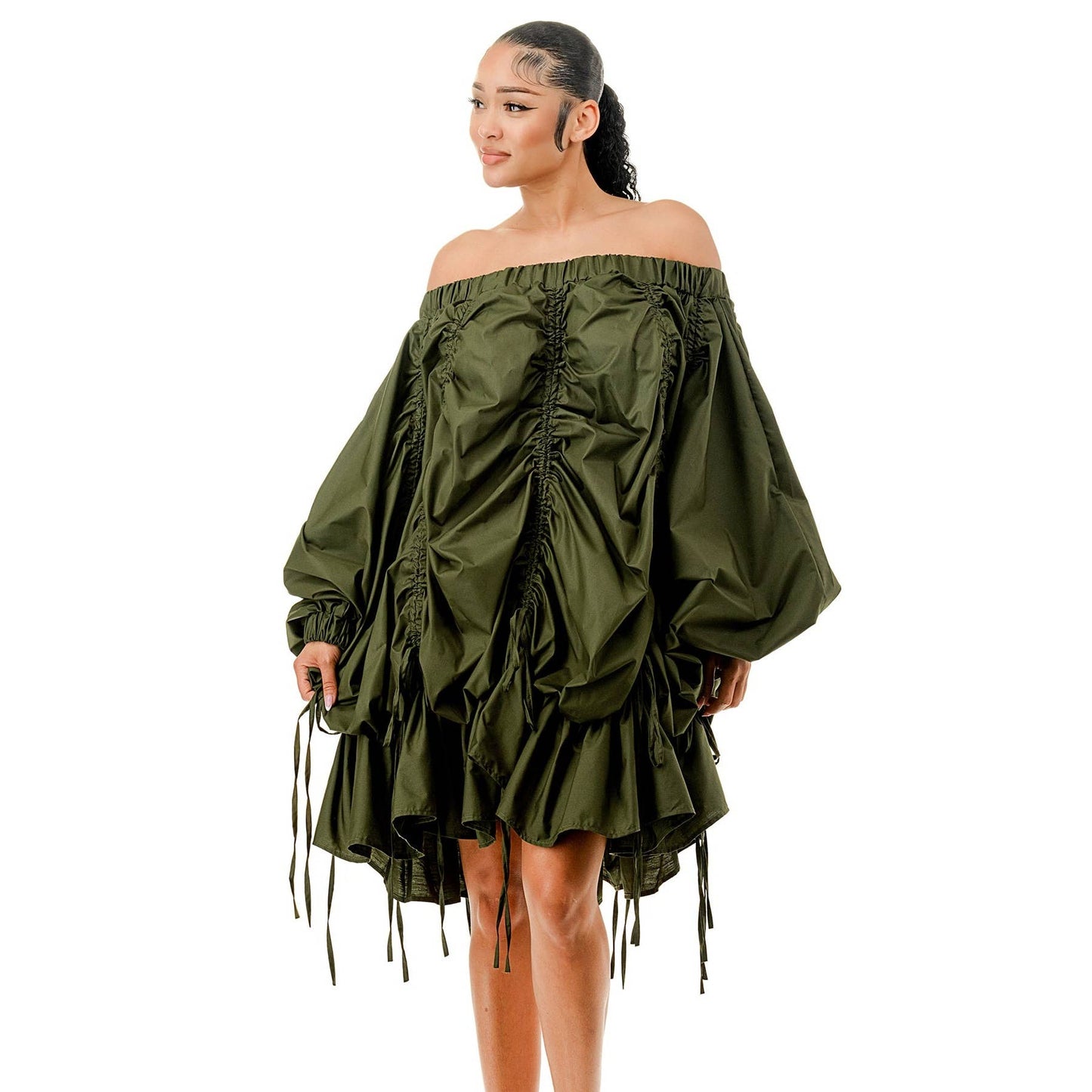 OFF SHOULDER RUCHED PARACHUTE DRESS