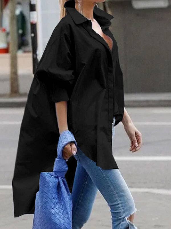 Long Sleeve High-Low Solid Color Blouse
