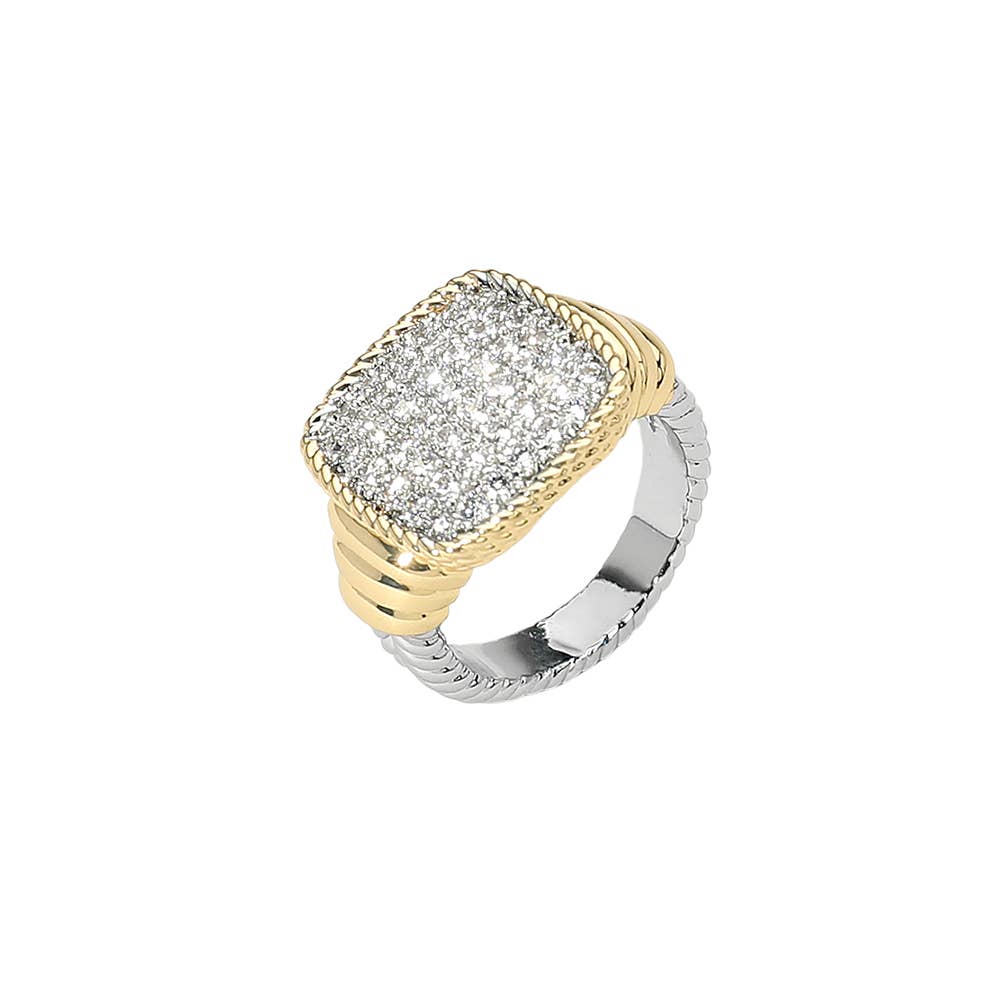 Two Tone CZ Stone Paved Square Ring