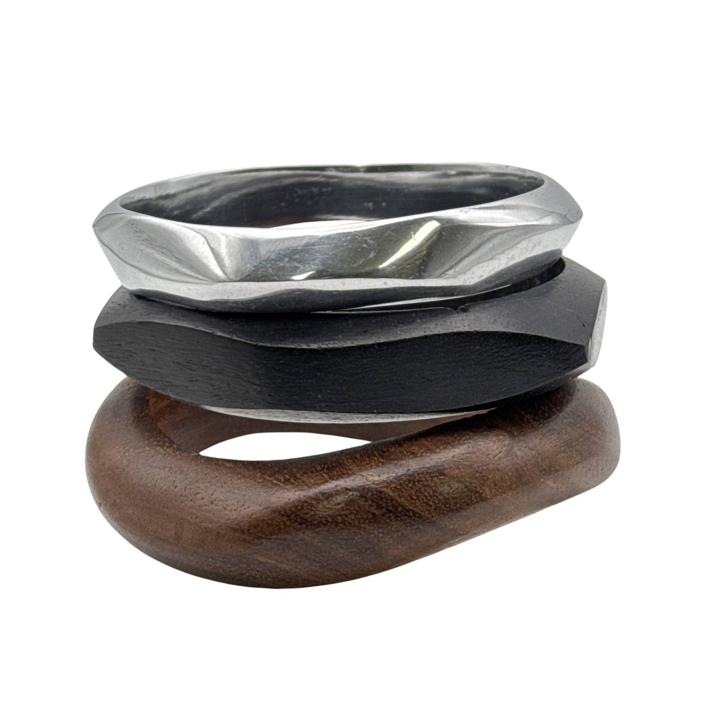 Mixed-Material Sculpted Bangle Set–Silver, Black & Natural