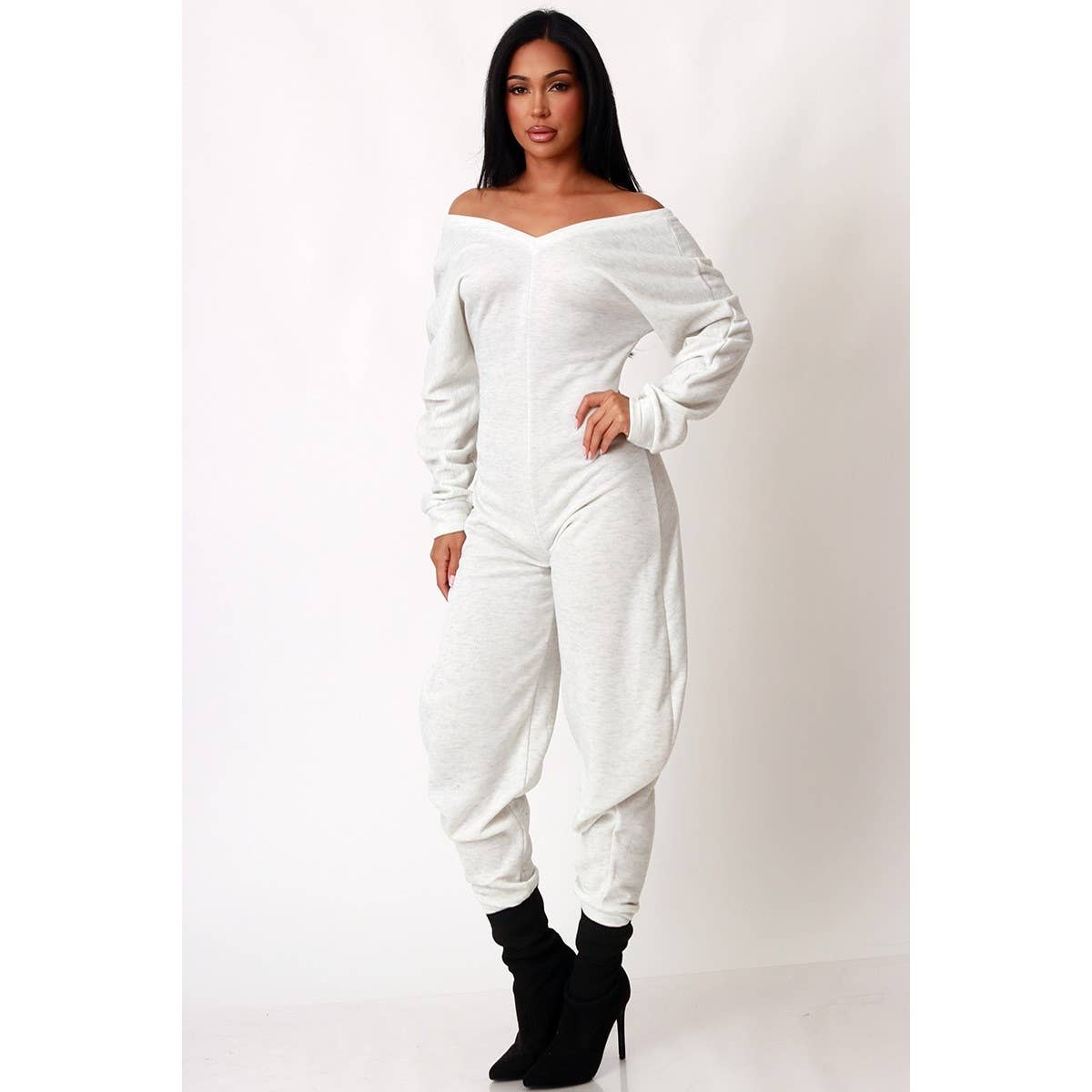 Off Shoulder Cozy Sweatshirt Jumpsuit - Plus Size