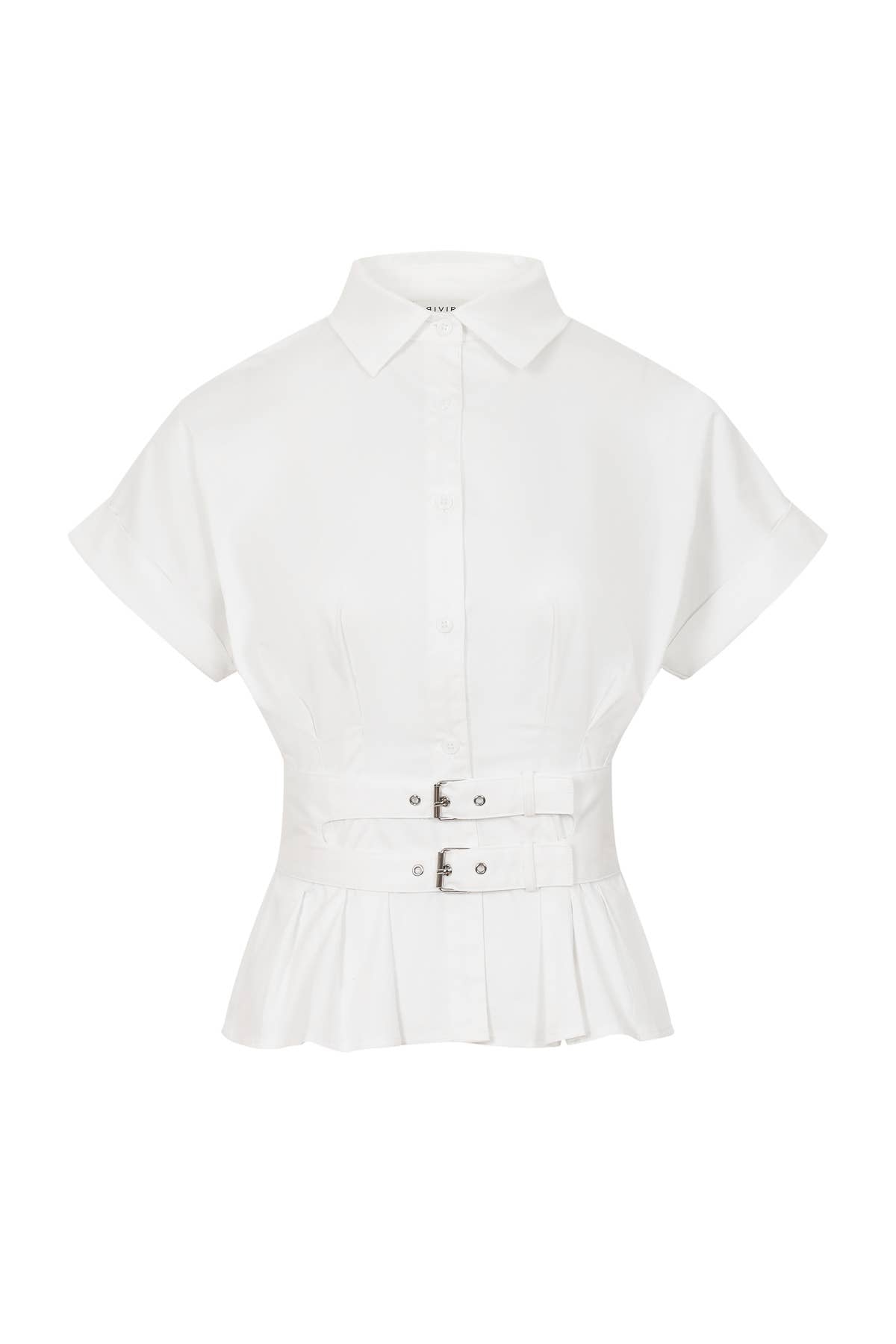 Belted Contour Woven Pleated Short Sleeve Top