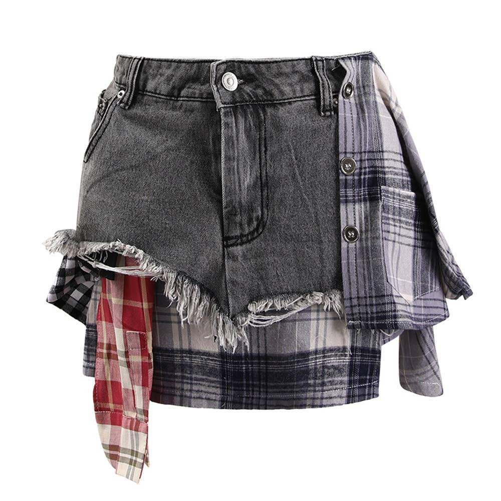 High-Waist Plaid-Denim Skort