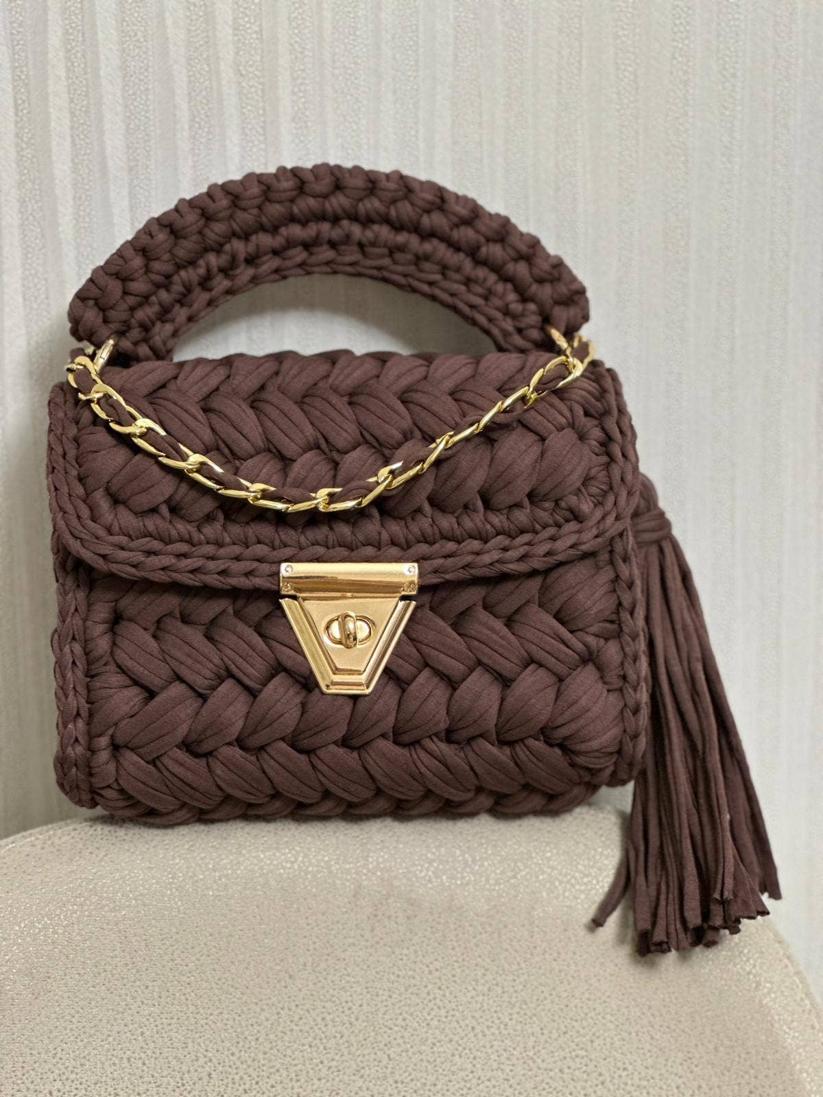 CHQEL  Brown Clutch Bag for Women Handmade Crochet Purse
