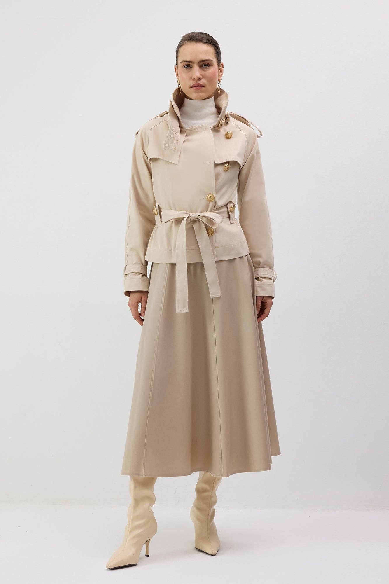 SHORT BELTED DOUBLE BREASTED TRENCH COAT