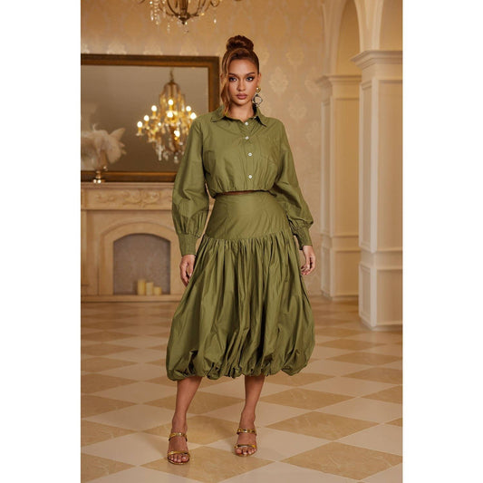 Crisp Collared Crop Shirt And Bubble Skirt Set