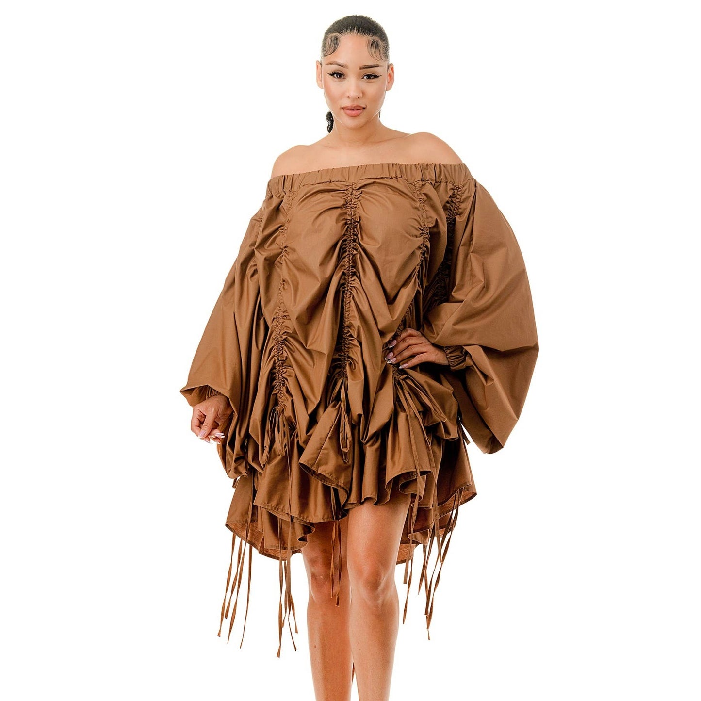 OFF SHOULDER RUCHED PARACHUTE DRESS