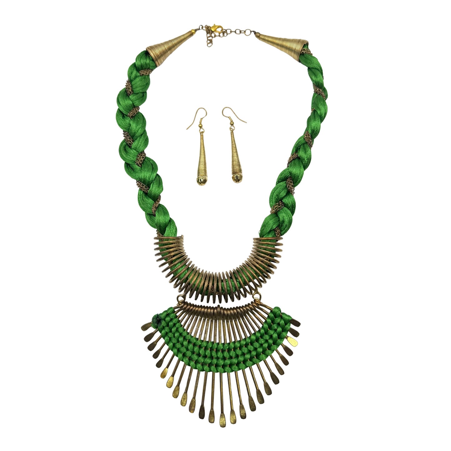 Gold Plated Brass Fringe Statement Necklace Set & Earrings