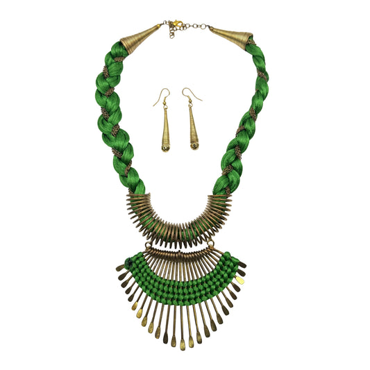 Gold Plated Brass Fringe Statement Necklace Set & Earrings