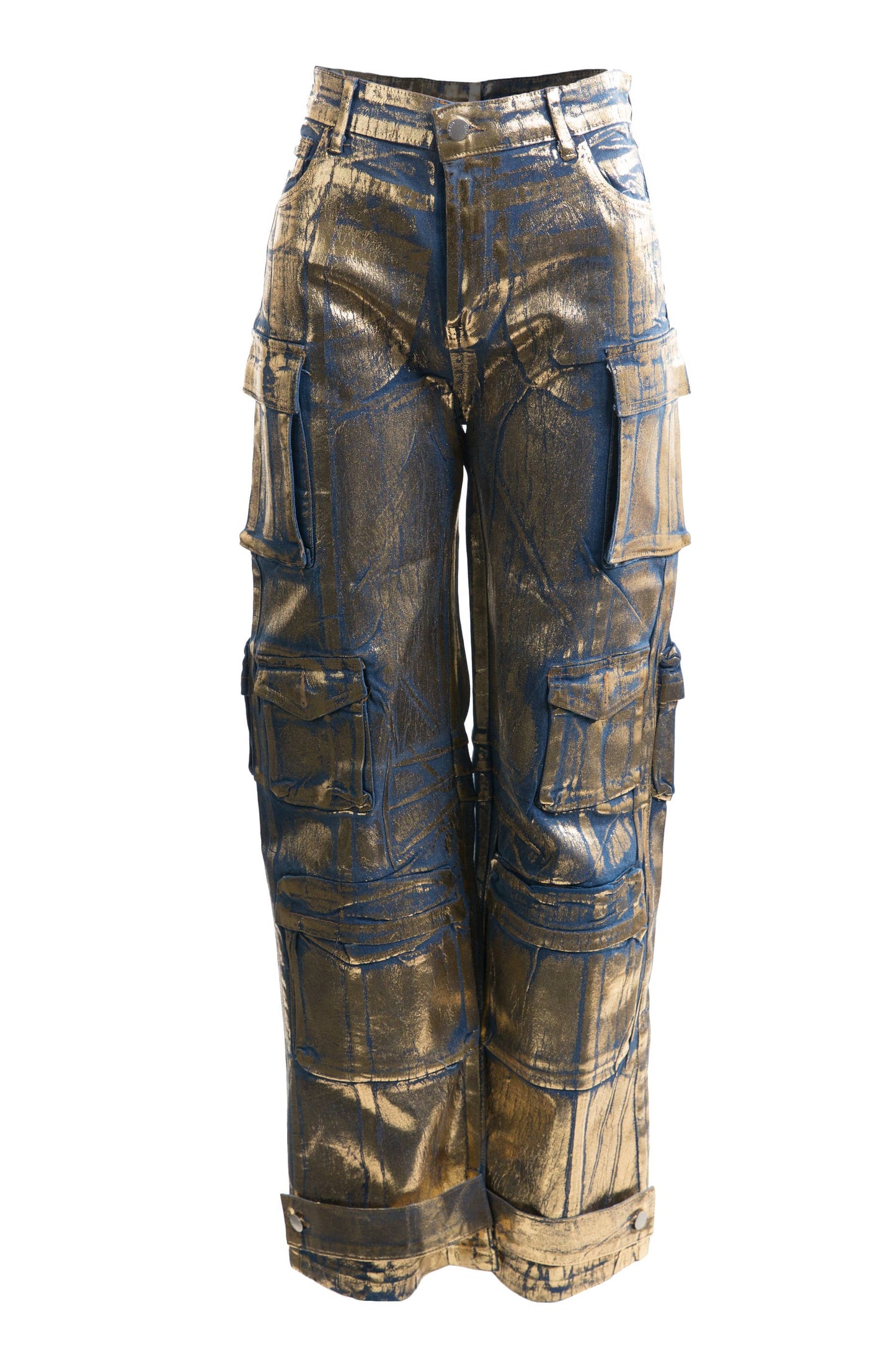 FOIL CARGO WIDE LEG JEANS - GOLD
