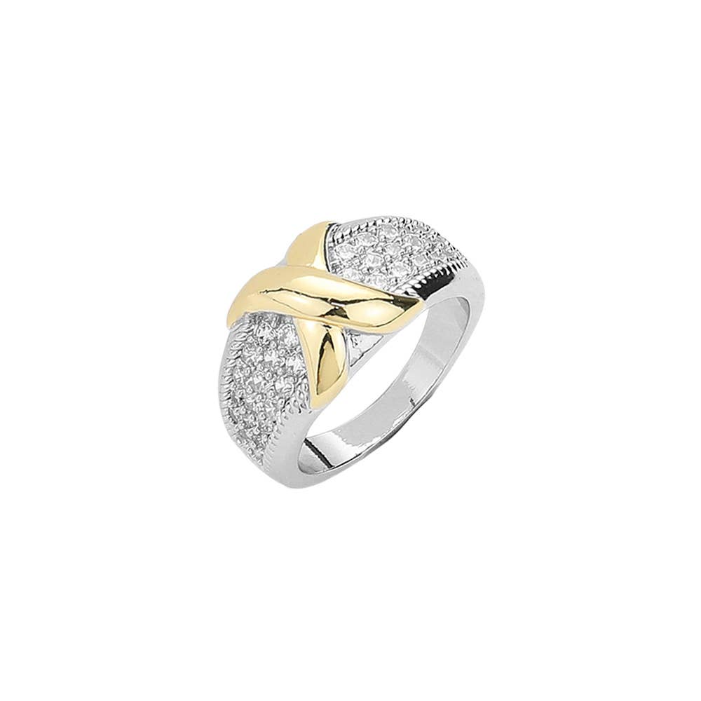 Two Tone Crisscross CZ Stone Paved Ring