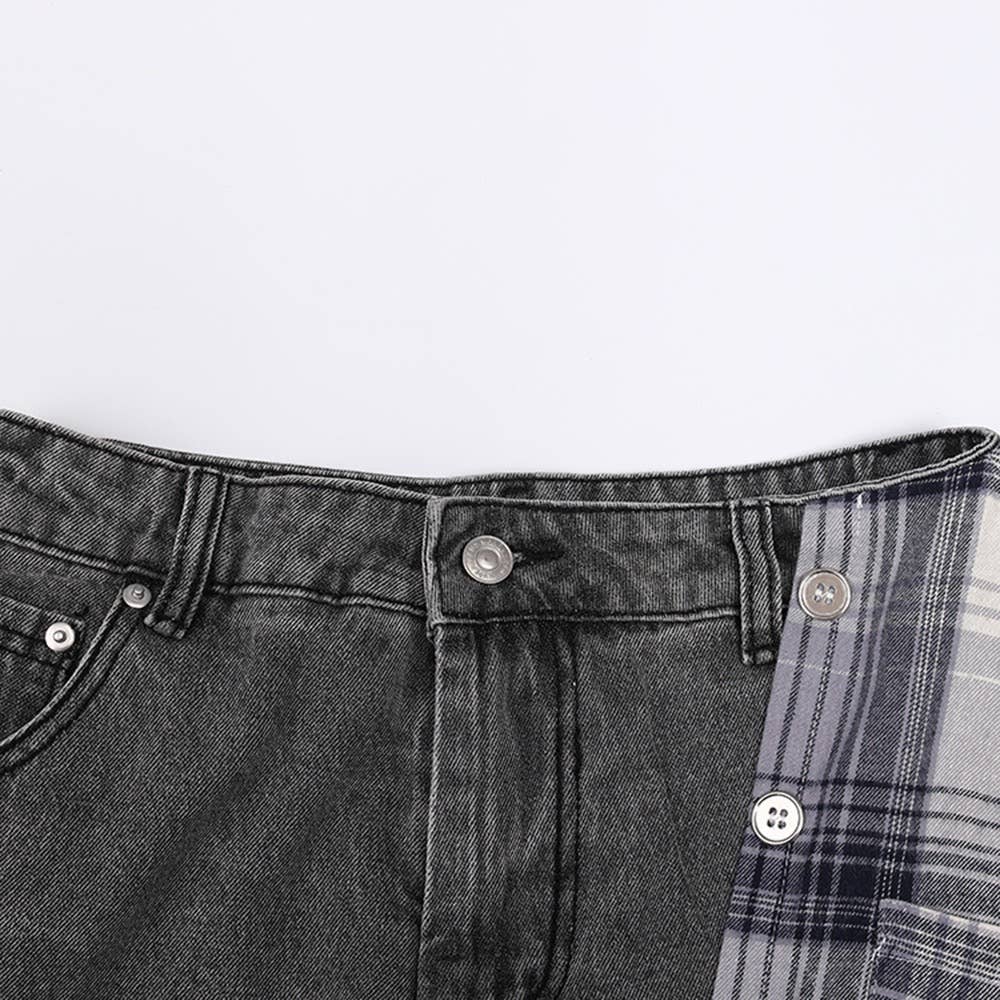 High-Waist Plaid-Denim Skort