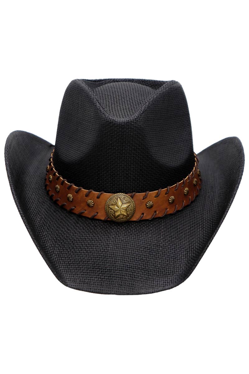 Star Stitched Belt Hard Shell Straw Cowboy Hat