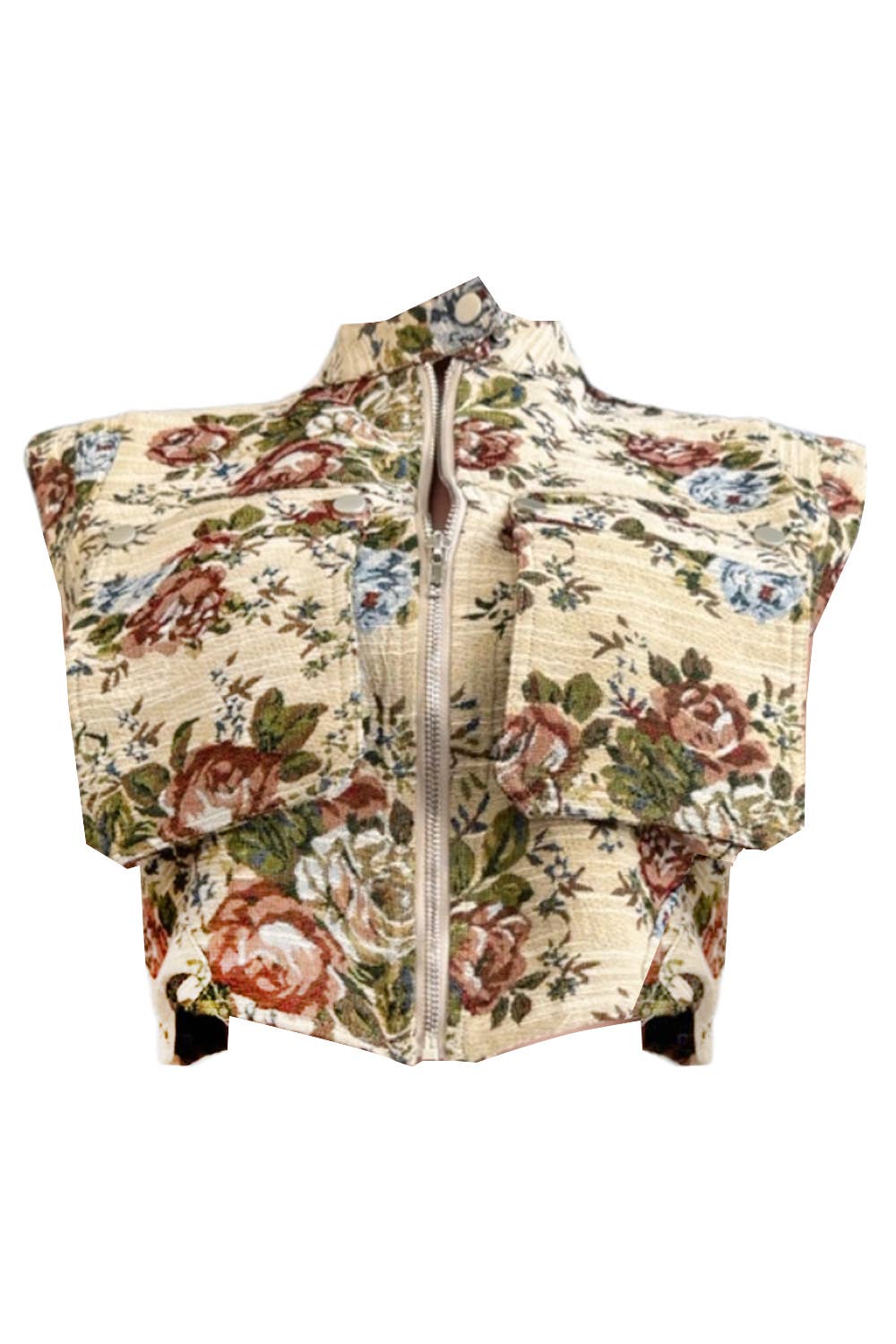 NT1139A Jacquard Floral Zipper Crop Vest