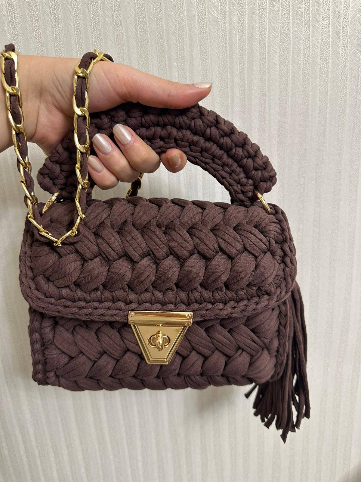 CHQEL  Brown Clutch Bag for Women Handmade Crochet Purse