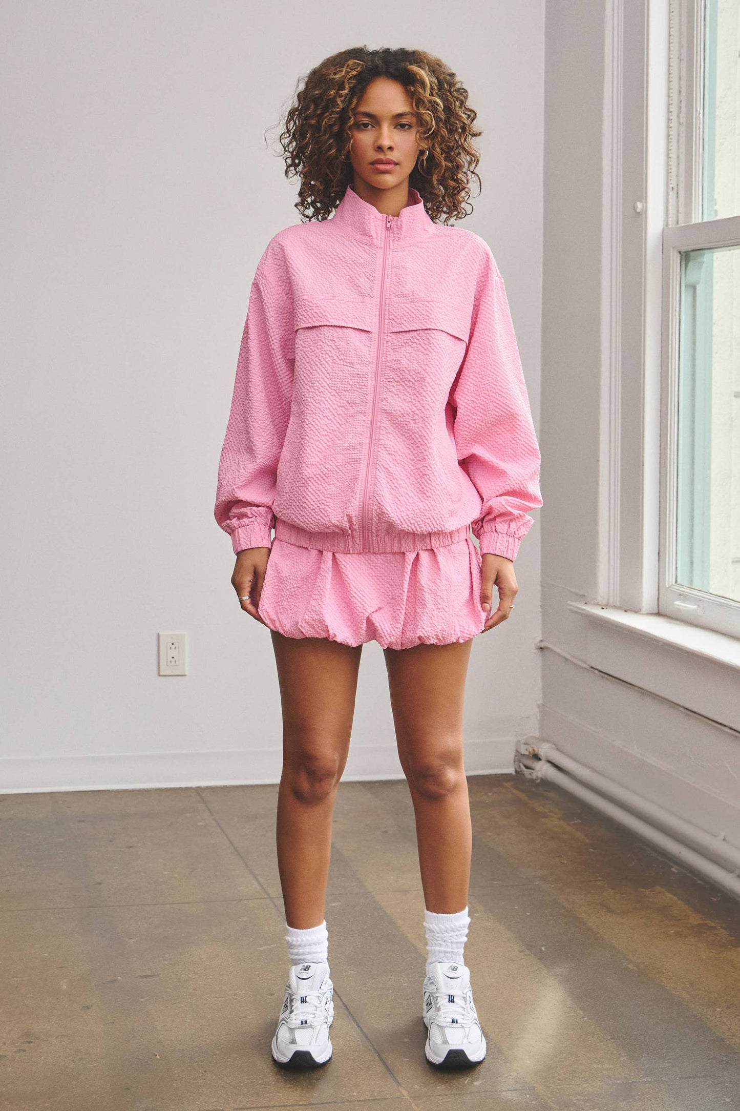 Light textured zip-up jacket w/ bubble skort set