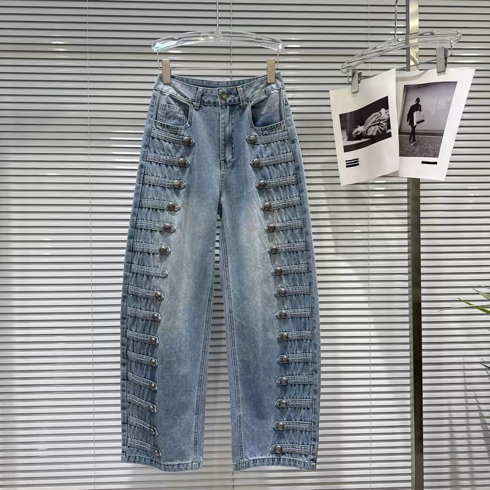 DY40Y Metal Button Wide Leg Barrel Denim Jeans