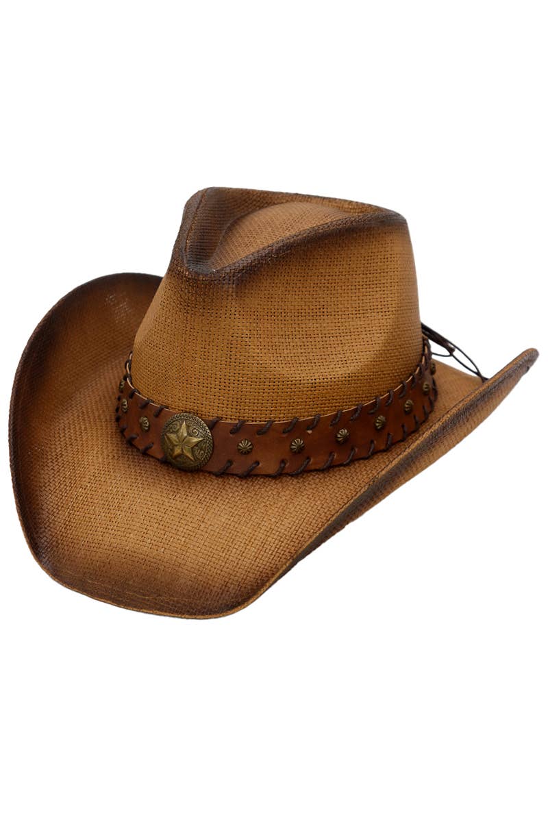 Star Stitched Belt Hard Shell Straw Cowboy Hat