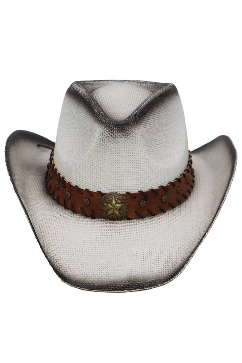 Star Stitched Belt Hard Shell Straw Cowboy Hat