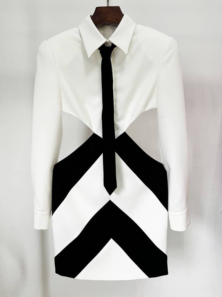 Chic Tie-Waist Hollow Dress in Monochrome