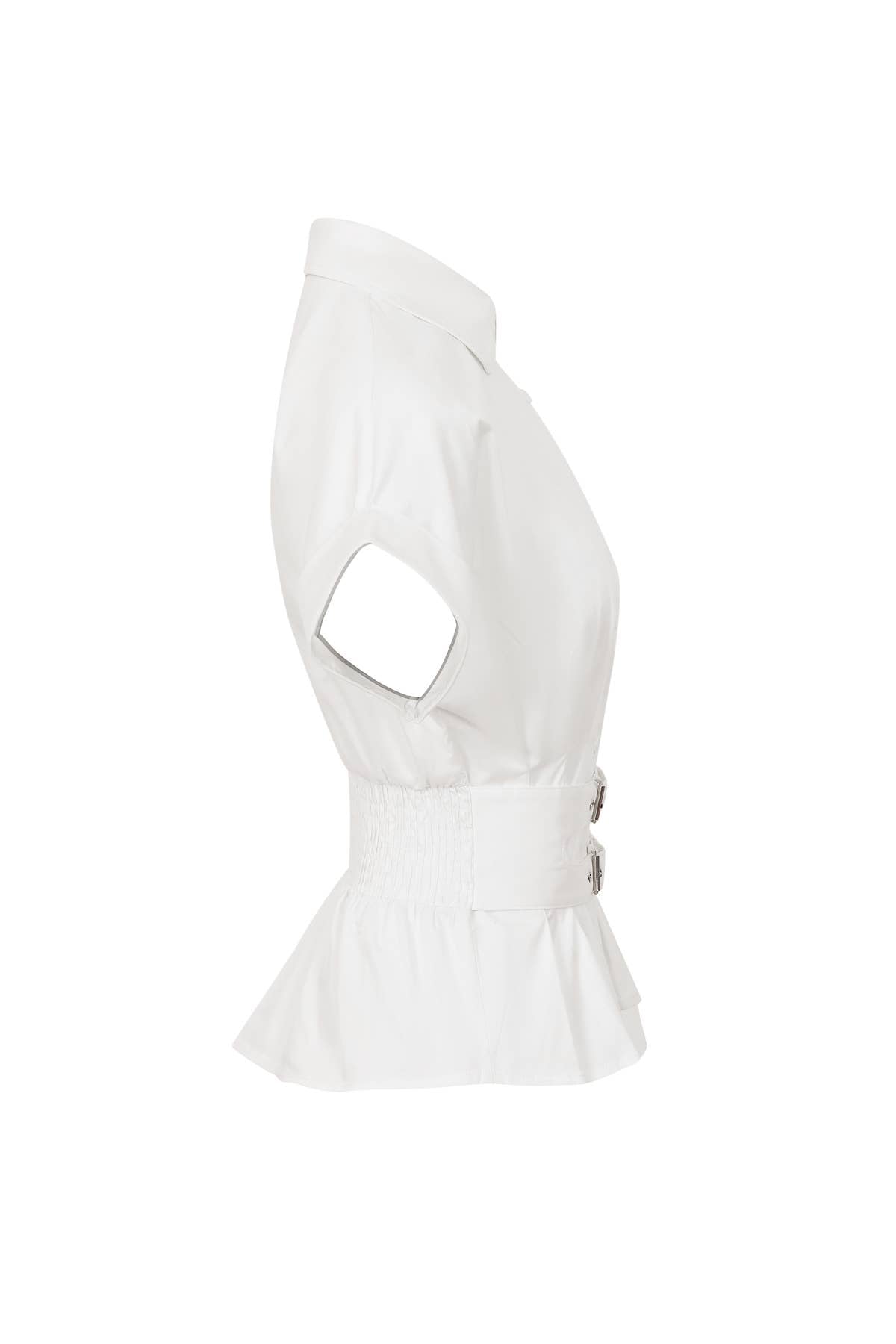 Belted Contour Woven Pleated Short Sleeve Top