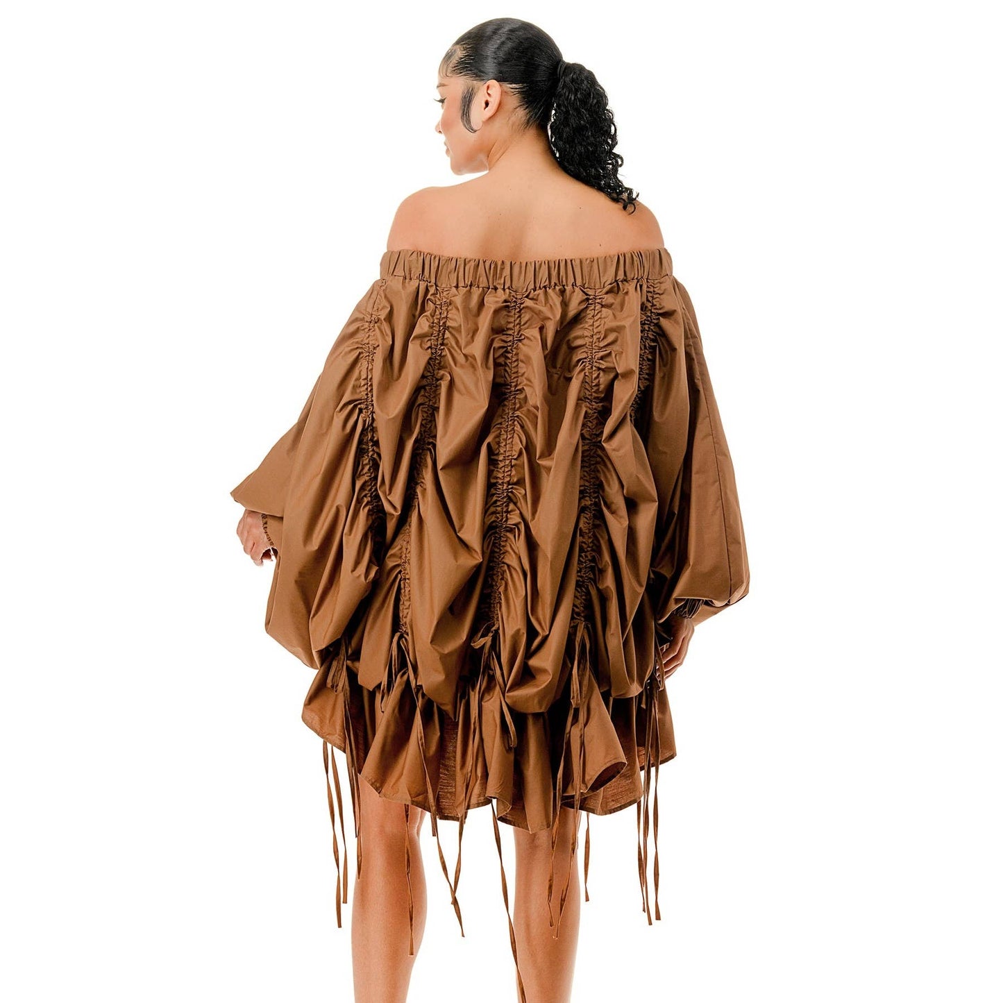 OFF SHOULDER RUCHED PARACHUTE DRESS