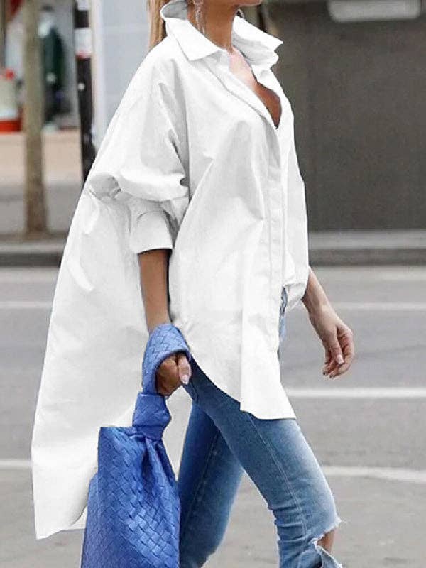 Long Sleeve High-Low Solid Color Blouse