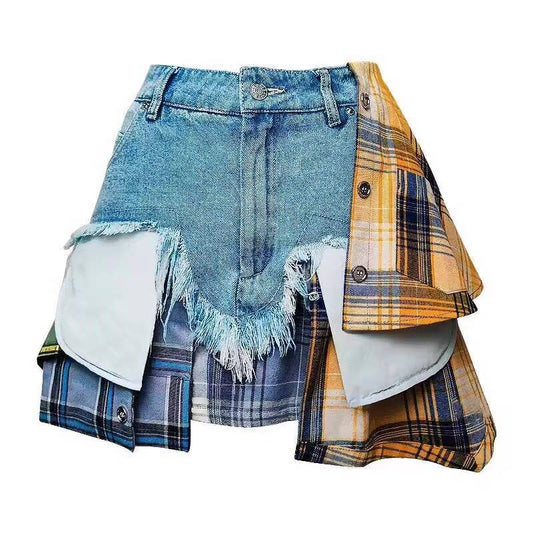 High-Waist Plaid-Denim Skort