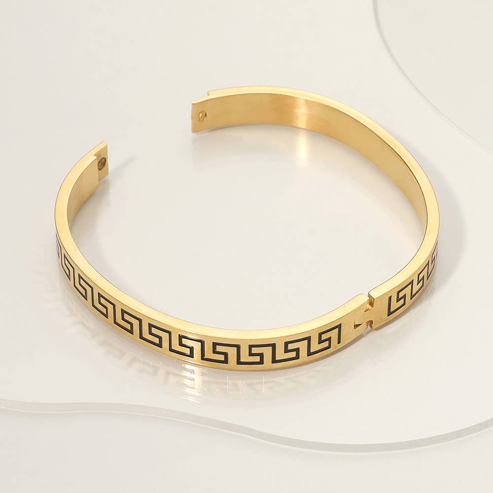 Stainless Steel Geometric Engraved Hinged Bangle Bracelet