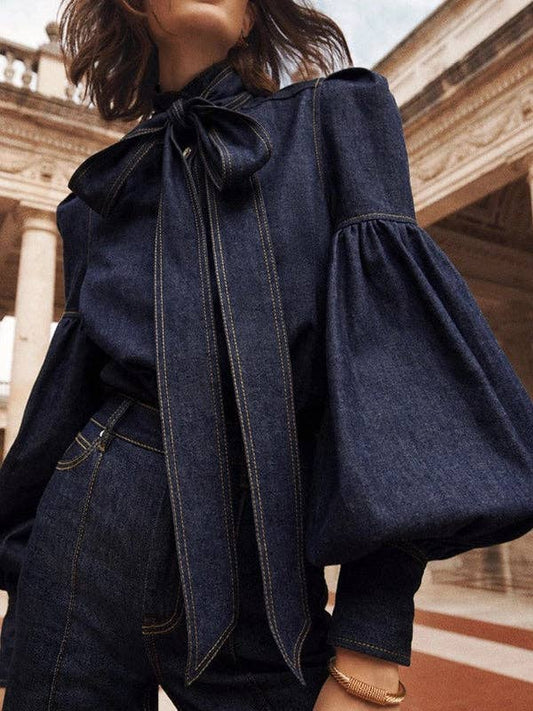 Long Sleeves Puff Sleeves Bow-Tied High Neck Blouse