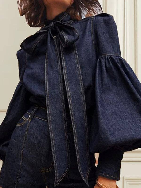 Long Sleeves Puff Sleeves Bow-Tied High Neck Blouse