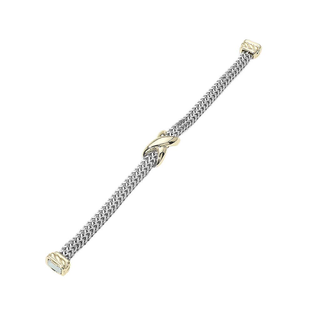 14K Gold Plated Two Tone Crisscross Centerpiece Mesh Chain Magnetic Bracelet