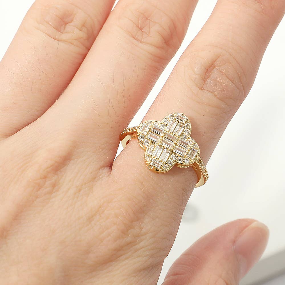 14K Gold Plated CZ Baguette Quatrefoil Adjustable Ring
