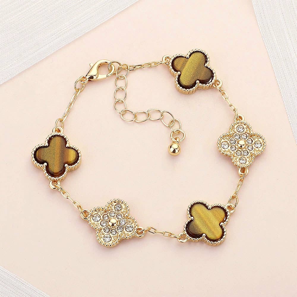 Stone Paved Natural Stone Quatrefoil Link Bracelet