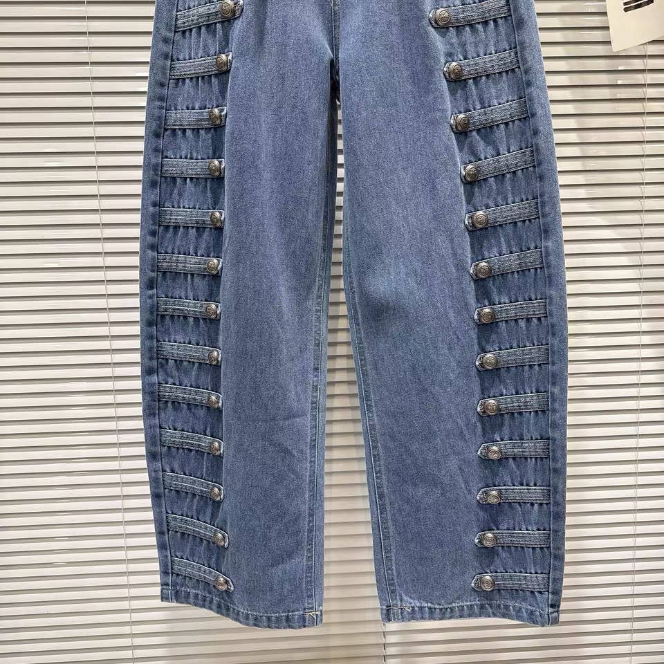 DY40Y Metal Button Wide Leg Barrel Denim Jeans