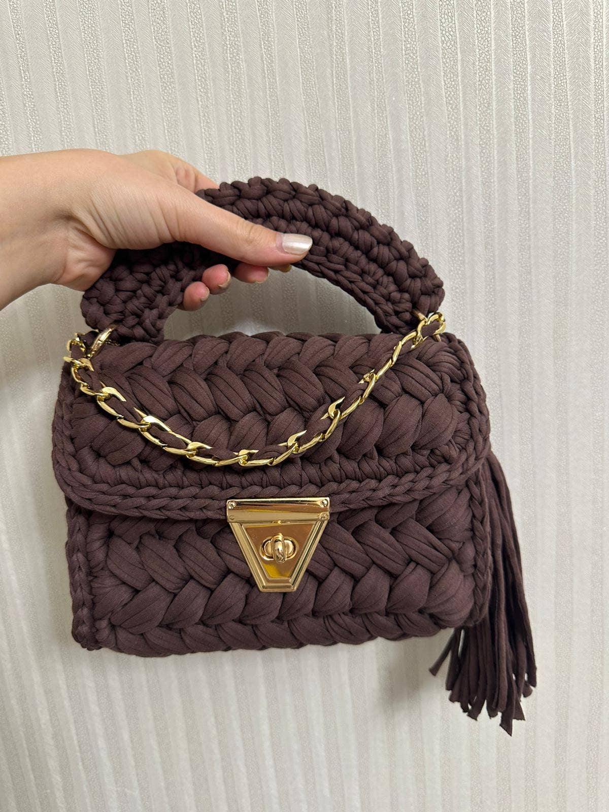 CHQEL  Brown Clutch Bag for Women Handmade Crochet Purse