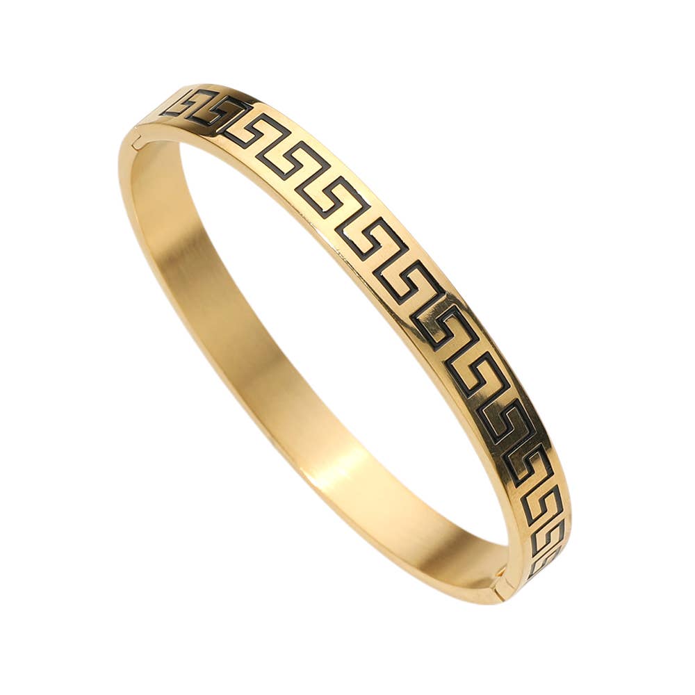 Stainless Steel Geometric Engraved Hinged Bangle Bracelet