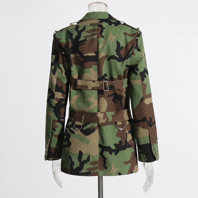 Camouflage Belted Blazer with Military Accents