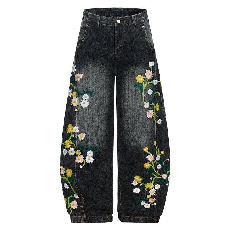 Vintage Floral Embroidered Denim Wide-Leg Trousers