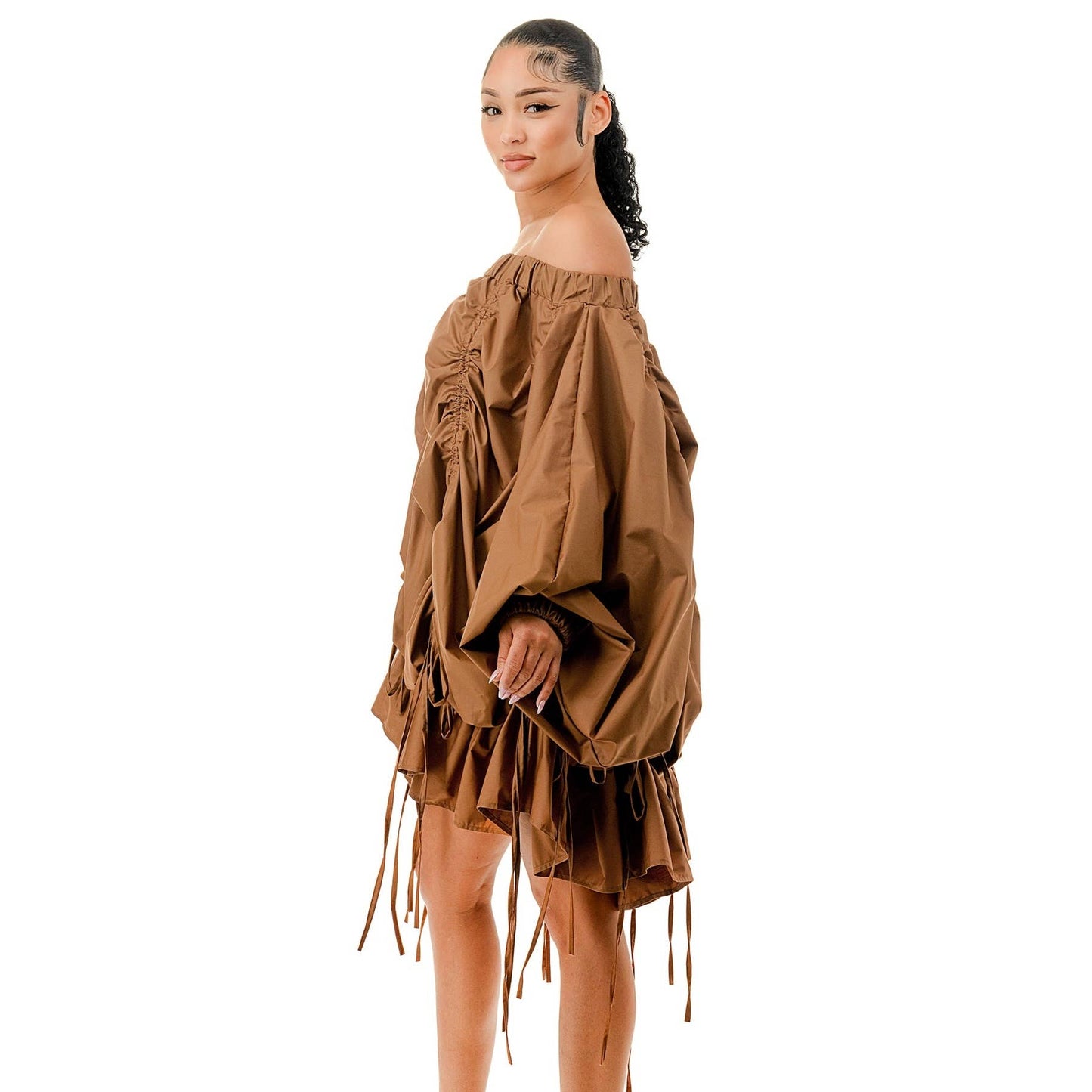 OFF SHOULDER RUCHED PARACHUTE DRESS