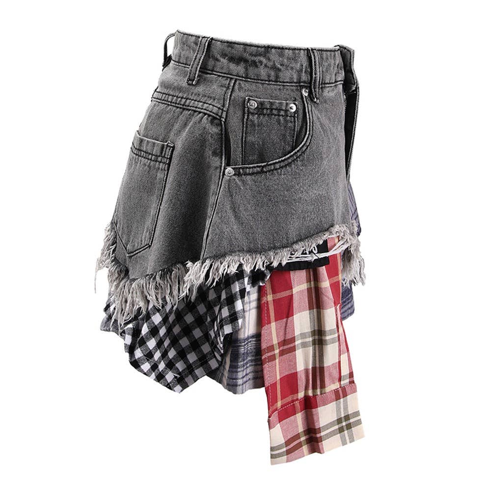 High-Waist Plaid-Denim Skort