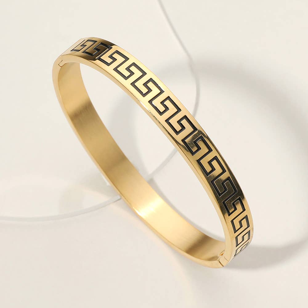 Stainless Steel Geometric Engraved Hinged Bangle Bracelet