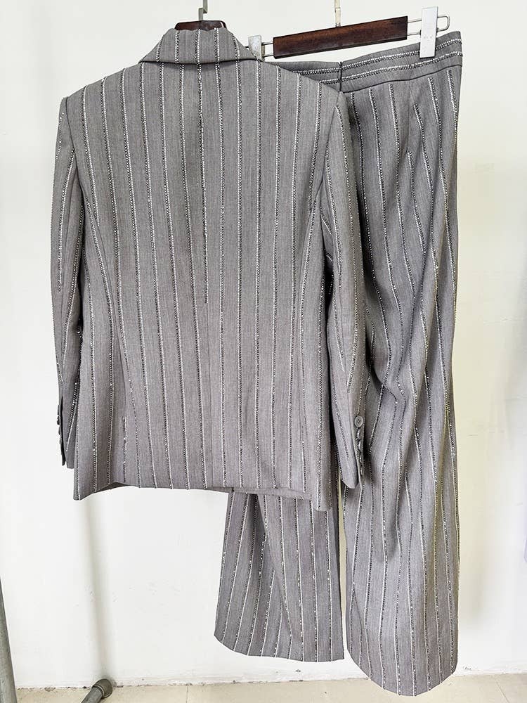 Grey Handmade Hot Diamond Double-Breasted Suit Set