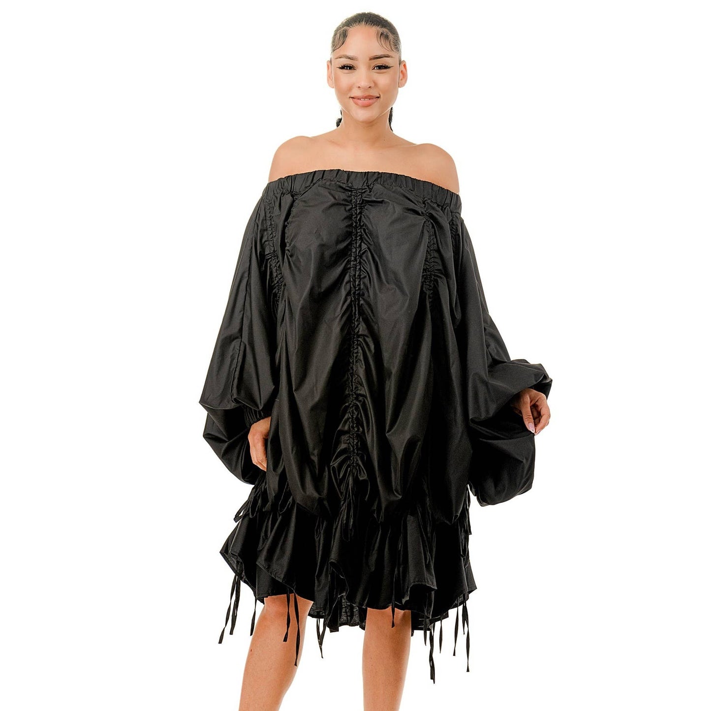 OFF SHOULDER RUCHED PARACHUTE DRESS