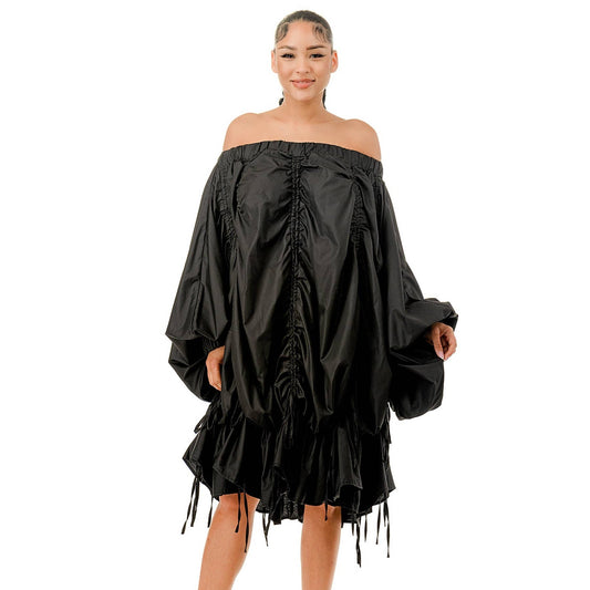 OFF SHOULDER RUCHED PARACHUTE DRESS