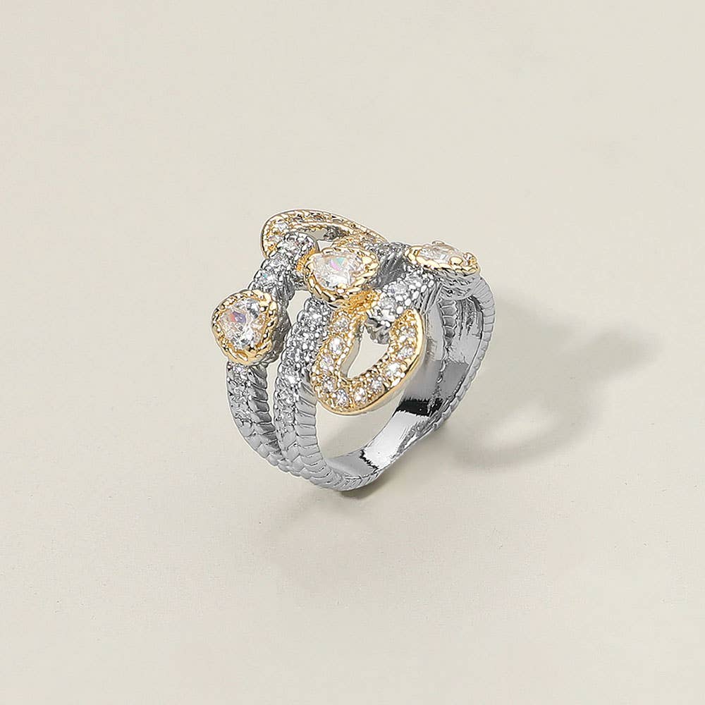 CZ Stone Accent Sculptural Two Tone Band Statement Ring