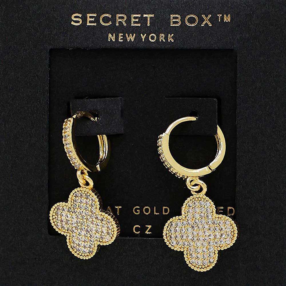 SECRET BOX_14K Gold Dipped CZ Stone Paved Quatrefoil Dangle Huggie Hoop Earrings
