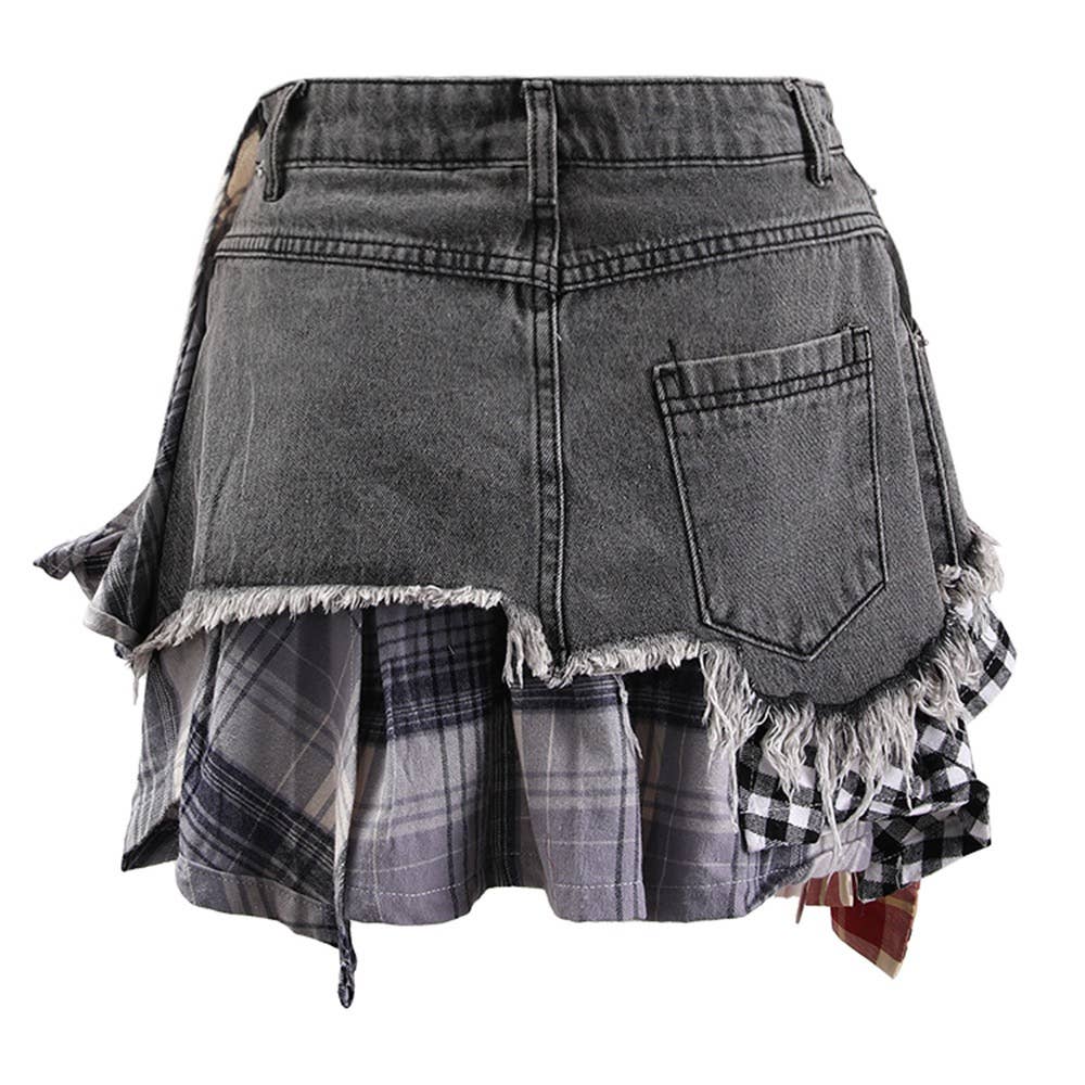 High-Waist Plaid-Denim Skort